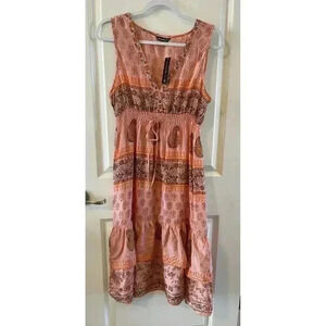 NWT Chaudry KC Size Large 100% Silk Coral Ruffle Floral Knee Length Boho Peasant